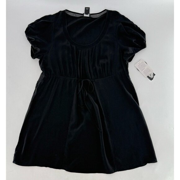 NWT Nine West Black 100% Silk Tunic Blouse Top Drawstring‎ Cinched Waist Sz L - Picture 3 of 10